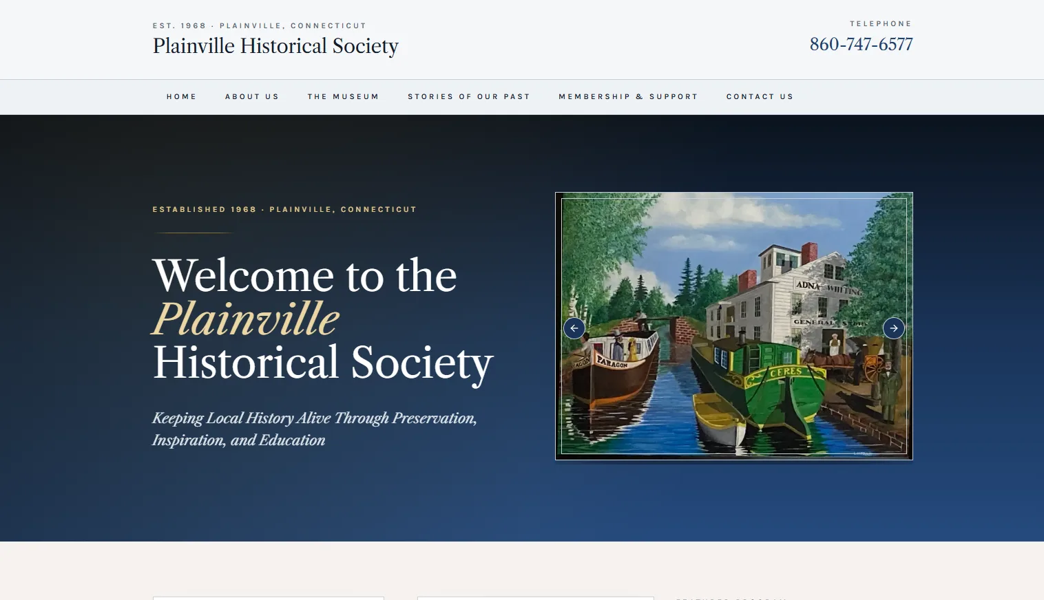 Plainville Historical Society — same site after the Duplication Rocket rebuild: dark navy editorial hero, large readable serif headline, the original Adna Whiting canal artwork properly framed alongside it