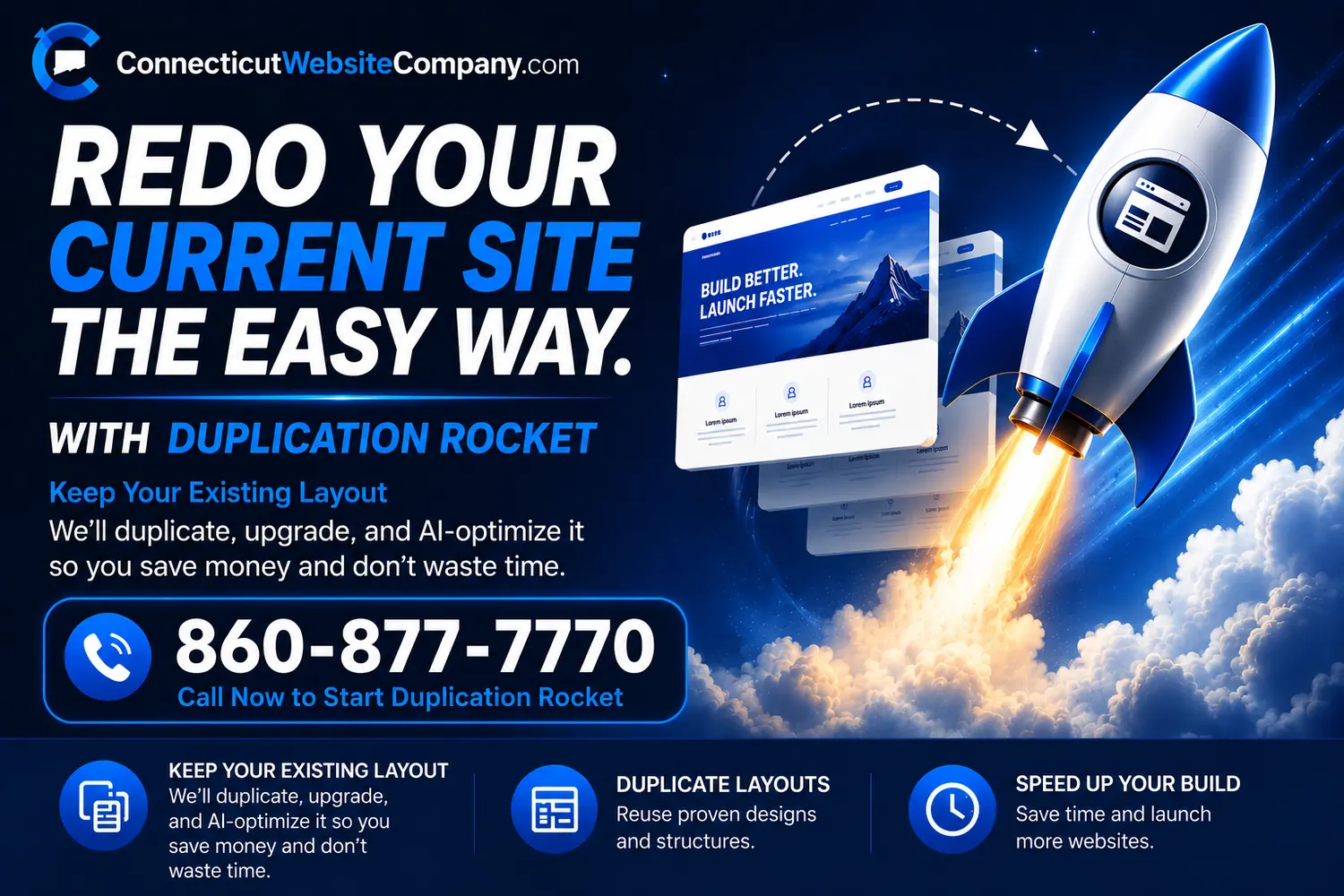 Redo your current site the easy way with Duplication Rocket. Keep your existing layout — we'll duplicate, upgrade, and AI-optimize it so you save money and don't waste time.