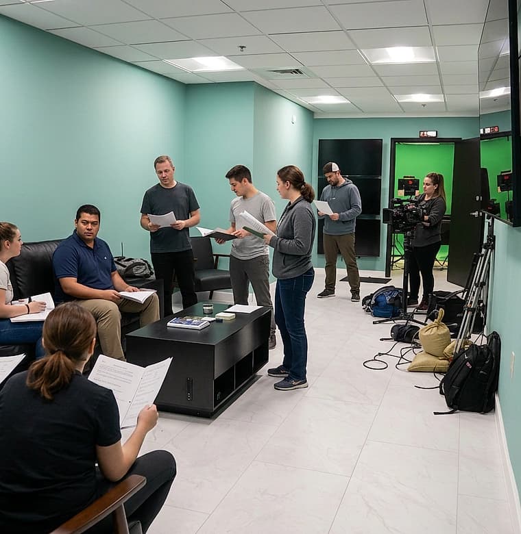 Wide angle of the professional green screen facility with broadcast lighting grid above