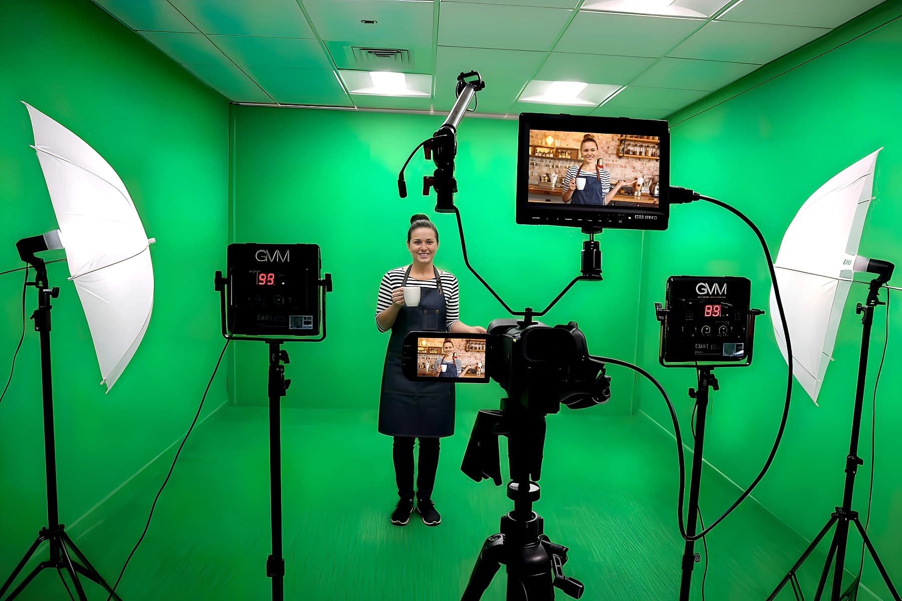 Wide shot of the Southington green-screen studio with broadcast lighting grid, three-camera setup, and on-camera talent